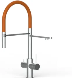 5 Wege Wasserhahn Küchenarmatur, Edelstahl Massiv mit 360° schwenkbarem Auslauf, abnehmbare 2 strahl Handbrause, Gebürstet / Orange