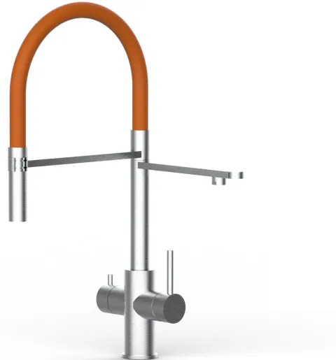 5 Wege Wasserhahn Küchenarmatur, Edelstahl Massiv mit 360° schwenkbarem Auslauf, abnehmbare 2 strahl Handbrause, Gebürstet / Orange
