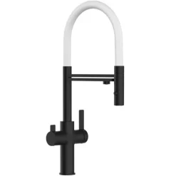 3 Wege Wasserhahn Küchenarmatur, FC, mit 360° schwenkbarem Auslauf, abnehmbare 2 strahl Handbrause, Schwarz Matt / Weiß