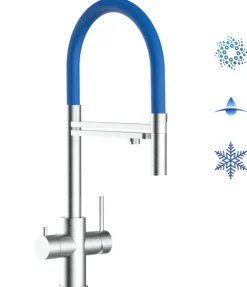 5 Wege Wasserhahn Küchenarmatur, Edelstahl Massiv mit 360° schwenkbarem Auslauf, abnehmbare 2 strahl Handbrause, Gebürstet / Blau