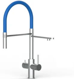 5 Wege Wasserhahn Küchenarmatur, Edelstahl Massiv mit 360° schwenkbarem Auslauf, abnehmbare 2 strahl Handbrause, Gebürstet / Blau