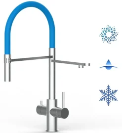 5 Wege Wasserhahn Küchenarmatur, Edelstahl Massiv mit 360° schwenkbarem Auslauf, abnehmbare 2 strahl Handbrause, Gebürstet / Hellblau