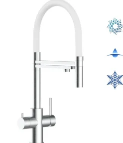 5 Wege Wasserhahn Küchenarmatur, Edelstahl Massiv mit 360° schwenkbarem Auslauf, abnehmbare 2 strahl Handbrause, Gebürstet / Weiß
