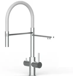 5 Wege Wasserhahn Küchenarmatur, Edelstahl Massiv mit 360° schwenkbarem Auslauf, abnehmbare 2 strahl Handbrause, Gebürstet / Weiß