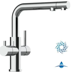 4 Wege Wasserhahn Küchenarmatur, Edelstahl Massiv mit schwenkbarem L-Auslauf und herausziehbarer Brause, Hochglanz