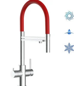 5 Wege Wasserhahn Küchenarmatur, Edelstahl Massiv mit 360° schwenkbarem Auslauf, abnehmbare 2 strahl Handbrause, Gebürstet / Rot