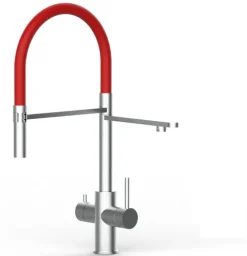 5 Wege Wasserhahn Küchenarmatur, Edelstahl Massiv mit 360° schwenkbarem Auslauf, abnehmbare 2 strahl Handbrause, Gebürstet / Rot
