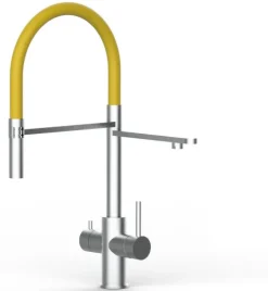 5 Wege Wasserhahn Küchenarmatur, Edelstahl Massiv mit 360° schwenkbarem Auslauf, abnehmbare 2 strahl Handbrause, Gebürstet / Gelb