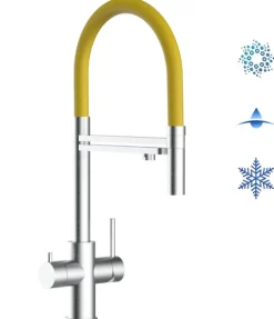 5 Wege Wasserhahn Küchenarmatur, Edelstahl Massiv mit 360° schwenkbarem Auslauf, abnehmbare 2 strahl Handbrause, Gebürstet / Gelb