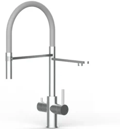 5 Wege Wasserhahn Küchenarmatur, Edelstahl Massiv mit 360° schwenkbarem Auslauf, abnehmbare 2 strahl Handbrause, Gebürstet / Grau