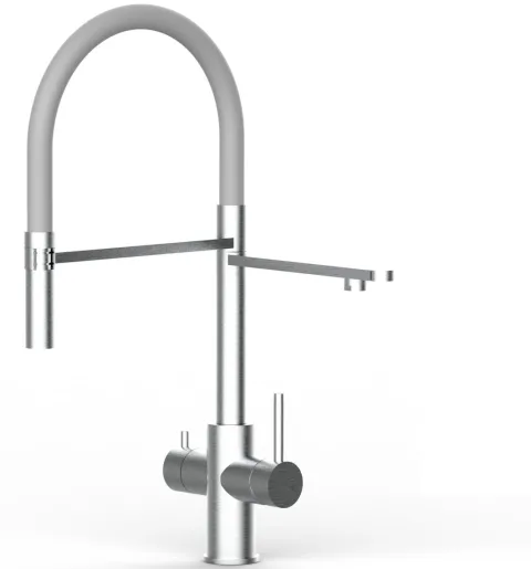 5 Wege Wasserhahn Küchenarmatur, Edelstahl Massiv mit 360° schwenkbarem Auslauf, abnehmbare 2 strahl Handbrause, Gebürstet / Grau