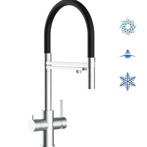 5 Wege Wasserhahn Küchenarmatur, Edelstahl Massiv mit 360° schwenkbarem Auslauf, abnehmbare 2 strahl Handbrause, Gebürstet / Schwarz