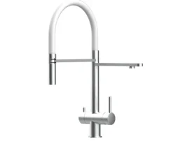 3 Wege Wasserhahn Küchenarmatur, Edelstahl Massiv mit 360° schwenkbarem Auslauf, abnehmbare 2 strahl Handbrause, Gebürstet / Weiß
