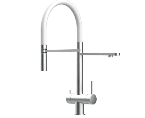 3 Wege Wasserhahn Küchenarmatur, Edelstahl Massiv mit 360° schwenkbarem Auslauf, abnehmbare 2 strahl Handbrause, Gebürstet / Weiß