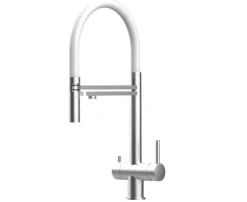 3 Wege Wasserhahn Küchenarmatur, Edelstahl Massiv mit 360° schwenkbarem Auslauf, abnehmbare 2 strahl Handbrause, Gebürstet / Weiß