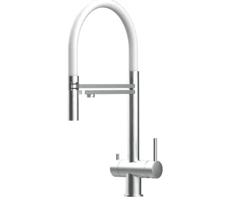3 Wege Wasserhahn Küchenarmatur, Edelstahl Massiv mit 360° schwenkbarem Auslauf, abnehmbare 2 strahl Handbrause, Gebürstet / Weiß