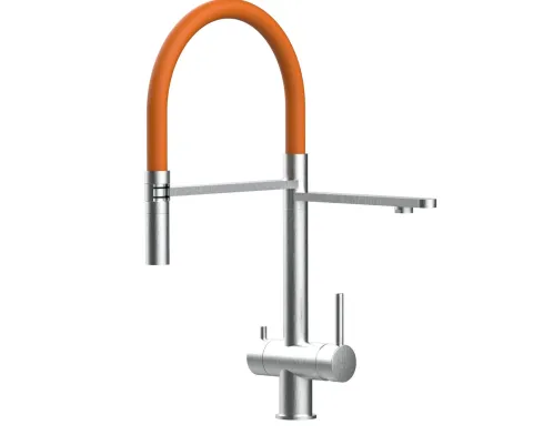 3 Wege Wasserhahn Küchenarmatur, Edelstahl Massiv mit 360° schwenkbarem Auslauf, abnehmbare 2 strahl Handbrause, Gebürstet / Orange