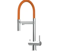 3 Wege Wasserhahn Küchenarmatur, Edelstahl Massiv mit 360° schwenkbarem Auslauf, abnehmbare 2 strahl Handbrause, Gebürstet / Orange
