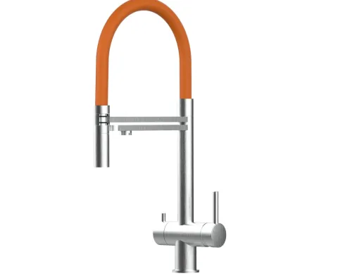 3 Wege Wasserhahn Küchenarmatur, Edelstahl Massiv mit 360° schwenkbarem Auslauf, abnehmbare 2 strahl Handbrause, Gebürstet / Orange
