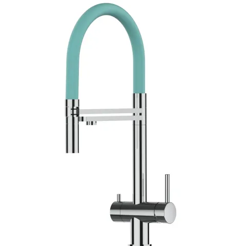 3 Wege Wasserhahn Küchenarmatur, Edelstahl Massiv mit 360° schwenkbarem Auslauf, abnehmbare 2 strahl Handbrause, Hochglanz / Türkis