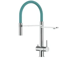 3 Wege Wasserhahn Küchenarmatur, Edelstahl Massiv mit 360° schwenkbarem Auslauf, abnehmbare 2 strahl Handbrause, Hochglanz / Türkis