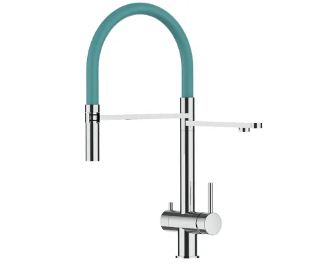 3 Wege Wasserhahn Küchenarmatur, Edelstahl Massiv mit 360° schwenkbarem Auslauf, abnehmbare 2 strahl Handbrause, Hochglanz / Türkis