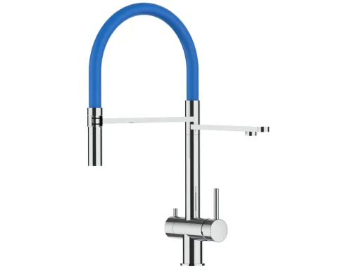 3 Wege Wasserhahn Küchenarmatur, Edelstahl Massiv mit 360° schwenkbarem Auslauf, abnehmbare 2 strahl Handbrause, Hochglanz / Blau