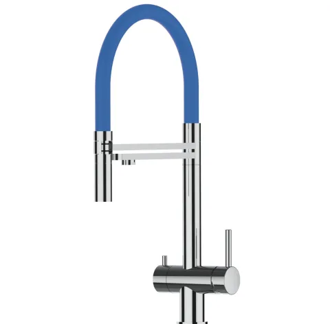 3 Wege Wasserhahn Küchenarmatur, Edelstahl Massiv mit 360° schwenkbarem Auslauf, abnehmbare 2 strahl Handbrause, Hochglanz / Blau
