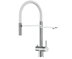 3 Wege Wasserhahn Küchenarmatur, Edelstahl Massiv mit 360° schwenkbarem Auslauf, abnehmbare 2 strahl Handbrause, Hochglanz / Weiß