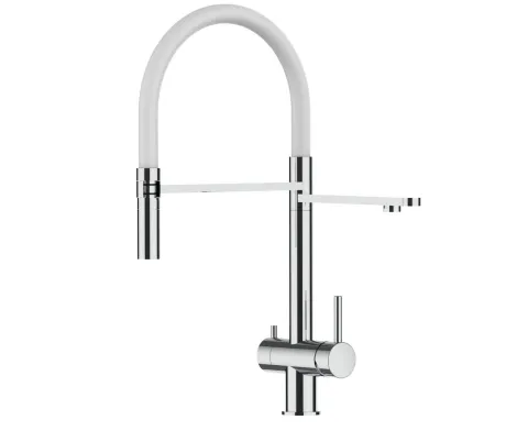 3 Wege Wasserhahn Küchenarmatur, Edelstahl Massiv mit 360° schwenkbarem Auslauf, abnehmbare 2 strahl Handbrause, Hochglanz / Weiß