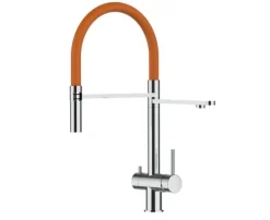3 Wege Wasserhahn Küchenarmatur, Edelstahl Massiv mit 360° schwenkbarem Auslauf, abnehmbare 2 strahl Handbrause, Hochglanz / Orange