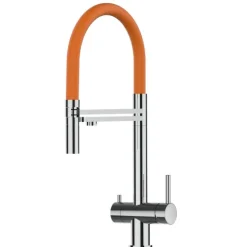 3 Wege Wasserhahn Küchenarmatur, Edelstahl Massiv mit 360° schwenkbarem Auslauf, abnehmbare 2 strahl Handbrause, Hochglanz / Orange