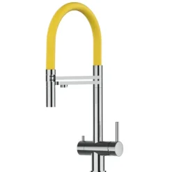 3 Wege Wasserhahn Küchenarmatur, Edelstahl Massiv mit 360° schwenkbarem Auslauf, abnehmbare 2 strahl Handbrause, Hochglanz / Gelb
