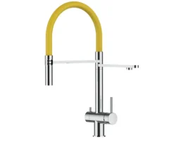 3 Wege Wasserhahn Küchenarmatur, Edelstahl Massiv mit 360° schwenkbarem Auslauf, abnehmbare 2 strahl Handbrause, Hochglanz / Gelb