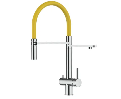 3 Wege Wasserhahn Küchenarmatur, Edelstahl Massiv mit 360° schwenkbarem Auslauf, abnehmbare 2 strahl Handbrause, Hochglanz / Gelb