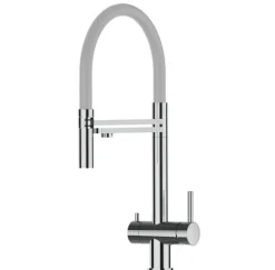 3 Wege Wasserhahn Küchenarmatur, Edelstahl Massiv mit 360° schwenkbarem Auslauf, abnehmbare 2 strahl Handbrause, Hochglanz / Grau