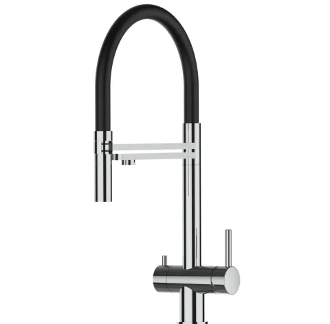 3 Wege Wasserhahn Küchenarmatur, Edelstahl Massiv mit 360° schwenkbarem Auslauf, abnehmbare 2 strahl Handbrause, Hochglanz / Schwarz