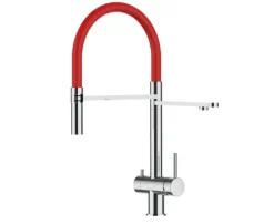 3 Wege Wasserhahn Küchenarmatur, Edelstahl Massiv mit 360° schwenkbarem Auslauf, abnehmbare 2 strahl Handbrause, Hochglanz / Rot