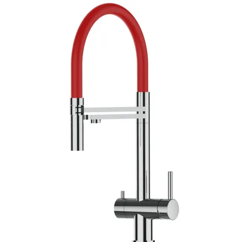 3 Wege Wasserhahn Küchenarmatur, Edelstahl Massiv mit 360° schwenkbarem Auslauf, abnehmbare 2 strahl Handbrause, Hochglanz / Rot