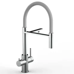 5 Wege Wasserhahn Küchenarmatur, Edelstahl Massiv mit 360° schwenkbarem Auslauf, abnehmbare 2 strahl Handbrause, Hochglanz / Grau