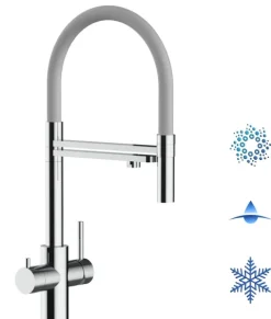 5 Wege Wasserhahn Küchenarmatur, Edelstahl Massiv mit 360° schwenkbarem Auslauf, abnehmbare 2 strahl Handbrause, Hochglanz / Grau