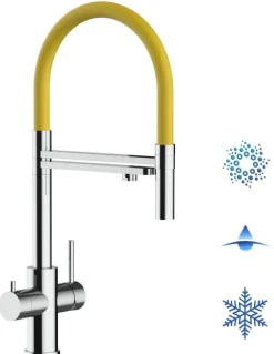 5 Wege Wasserhahn Küchenarmatur, Edelstahl Massiv mit 360° schwenkbarem Auslauf, abnehmbare 2 strahl Handbrause, Hochglanz / Gelb