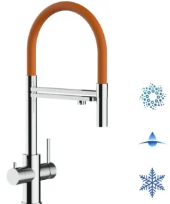 5 Wege Wasserhahn Küchenarmatur, Edelstahl Massiv mit 360° schwenkbarem Auslauf, abnehmbare 2 strahl Handbrause, Hochglanz / Orange
