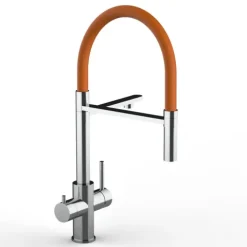 5 Wege Wasserhahn Küchenarmatur, Edelstahl Massiv mit 360° schwenkbarem Auslauf, abnehmbare 2 strahl Handbrause, Hochglanz / Orange