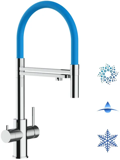 5 Wege Wasserhahn Küchenarmatur, Edelstahl Massiv mit 360° schwenkbarem Auslauf, abnehmbare 2 strahl Handbrause, Hochglanz / Hellblau