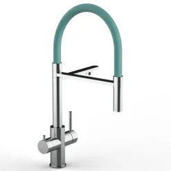 5 Wege Wasserhahn Küchenarmatur, Edelstahl Massiv mit 360° schwenkbarem Auslauf, abnehmbare 2 strahl Handbrause, Hochglanz / Türkis
