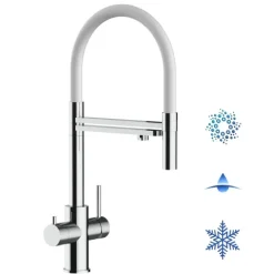 5 Wege Wasserhahn Küchenarmatur, Edelstahl Massiv mit 360° schwenkbarem Auslauf, abnehmbare 2 strahl Handbrause, Hochglanz / Weiß