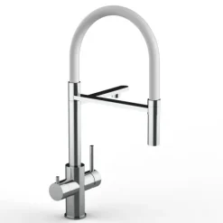 5 Wege Wasserhahn Küchenarmatur, Edelstahl Massiv mit 360° schwenkbarem Auslauf, abnehmbare 2 strahl Handbrause, Hochglanz / Weiß