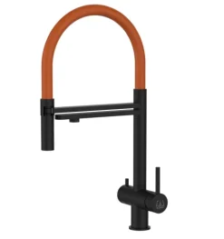 3 Wege Wasserhahn Küchenarmatur, Edelstahl Massiv mit 360° schwenkbarem Auslauf und abnehmbare 2 strahl Handbrause, PVD Schwarz Matt / Orange