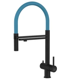 3 Wege Wasserhahn Küchenarmatur, Edelstahl Massiv mit 360° schwenkbarem Auslauf und abnehmbare 2 strahl Handbrause, PVD Schwarz Matt / Hellblau